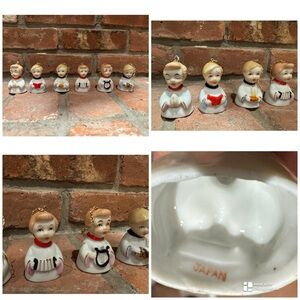 Set of 6 ceramic choir boy bell ornaments, likely from the 1940s or 1950s Japan